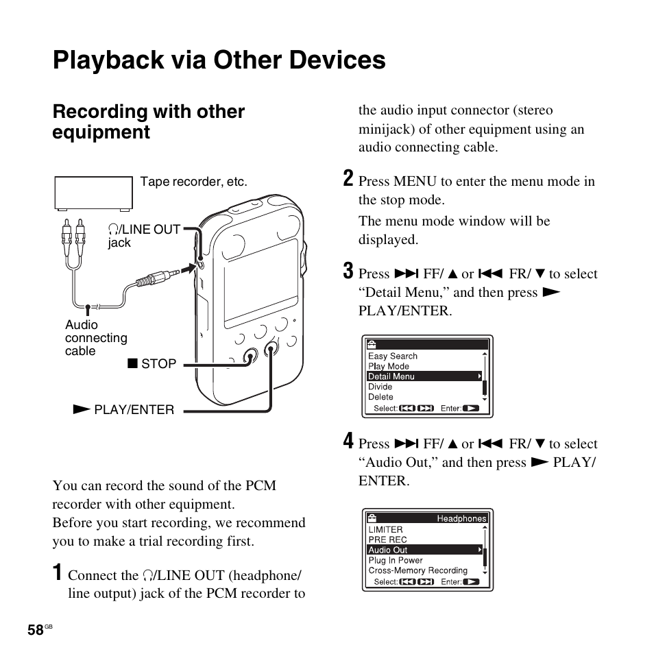 Playback via other devices, Recording with other equipment | Sony 4-156-541-83(1) User Manual | Page 58 / 120