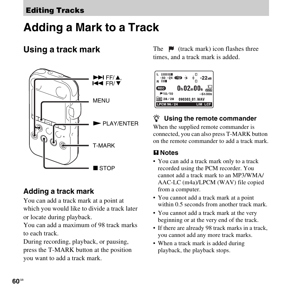 Editing tracks, Adding a mark to a track, Using a track mark | Adding a track mark | Sony 4-156-541-83(1) User Manual | Page 60 / 120