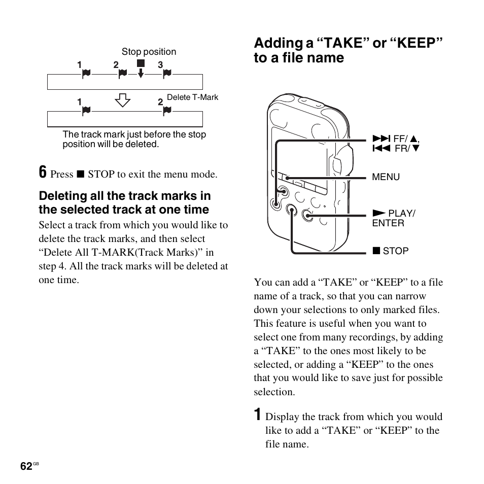 Adding a “take” or “keep” to a file name | Sony 4-156-541-83(1) User Manual | Page 62 / 120