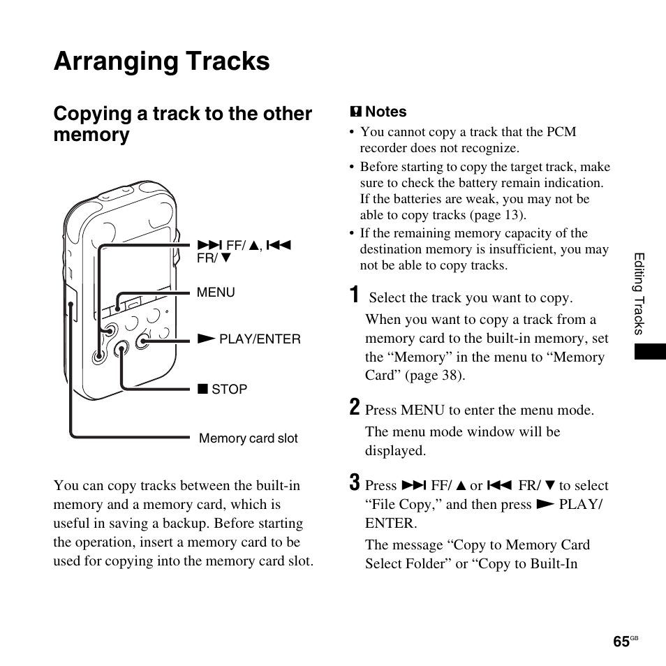 Arranging tracks, Copying a track to the other memory | Sony 4-156-541-83(1) User Manual | Page 65 / 120