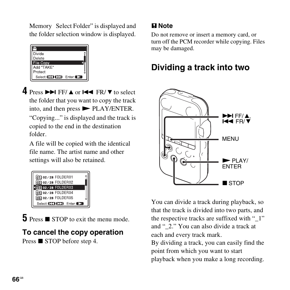 Dividing a track into two | Sony 4-156-541-83(1) User Manual | Page 66 / 120