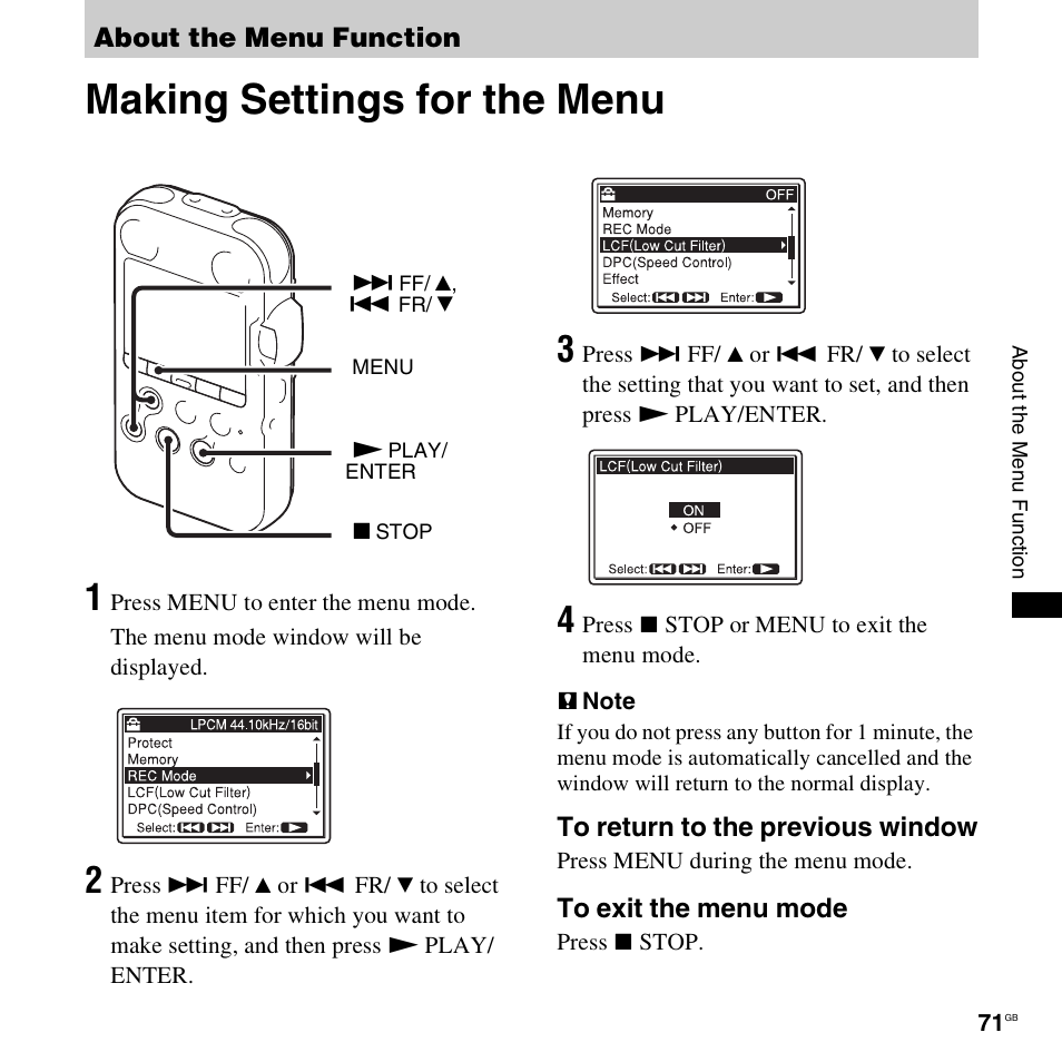 About the menu function, Making settings for the menu | Sony 4-156-541-83(1) User Manual | Page 71 / 120