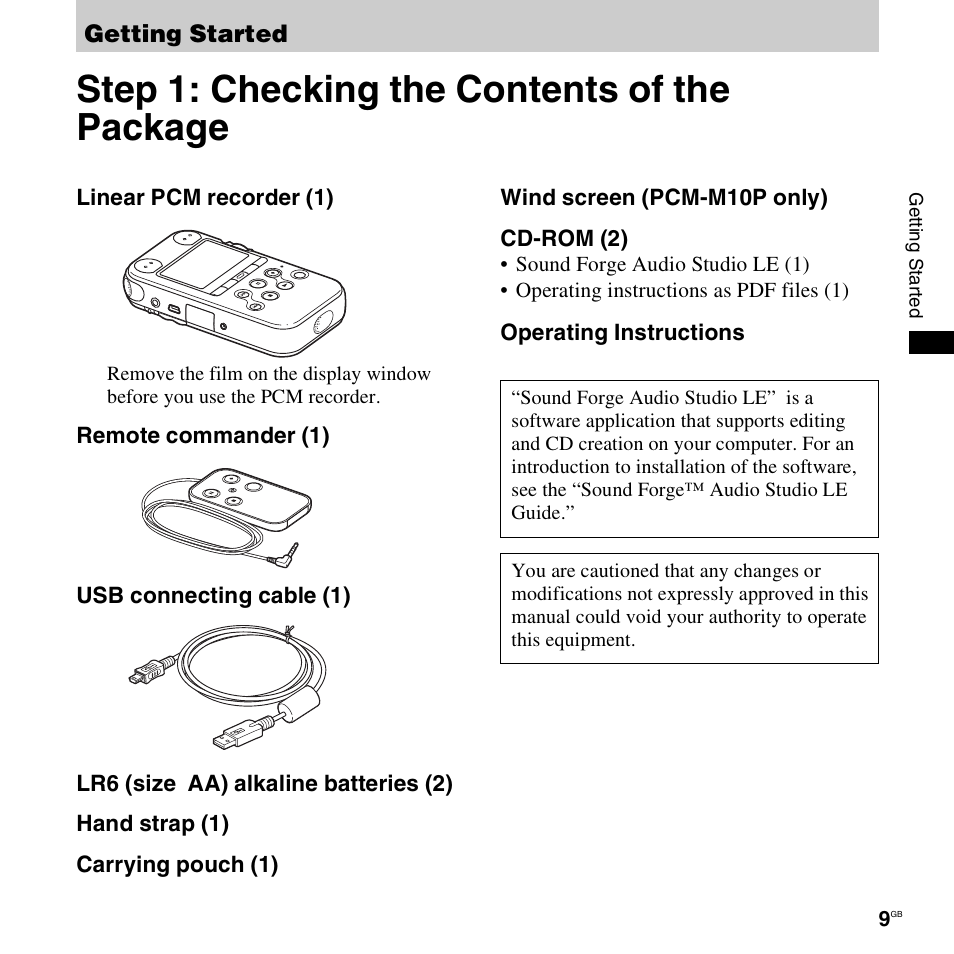 Getting started, Step 1: checking the contents of the package | Sony 4-156-541-83(1) User Manual | Page 9 / 120