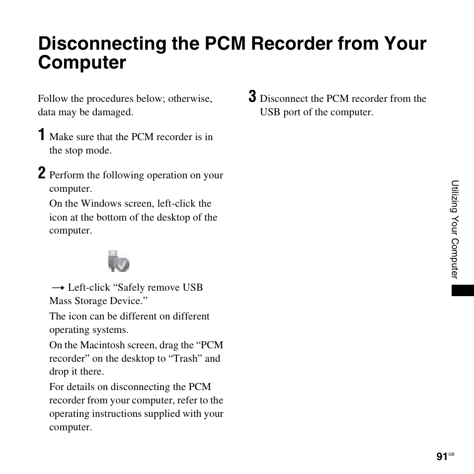 Disconnecting the pcm recorder from your computer | Sony 4-156-541-83(1) User Manual | Page 91 / 120