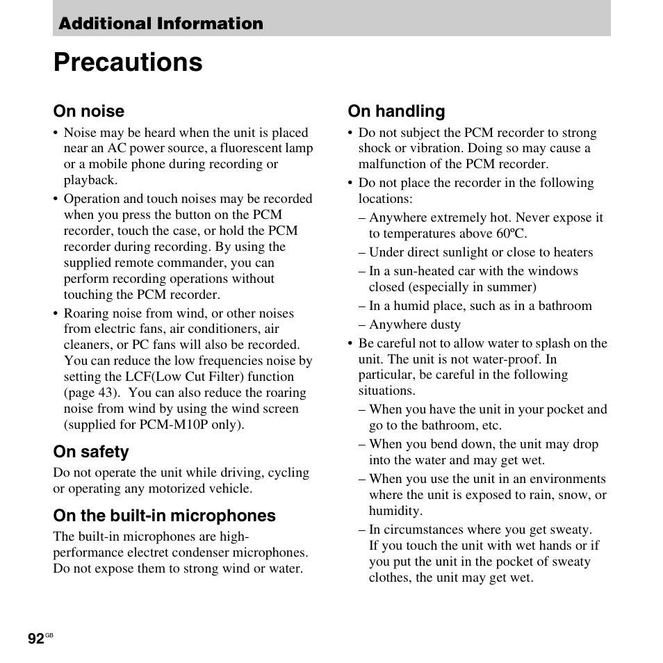 Additional information, Precautions | Sony 4-156-541-83(1) User Manual | Page 92 / 120