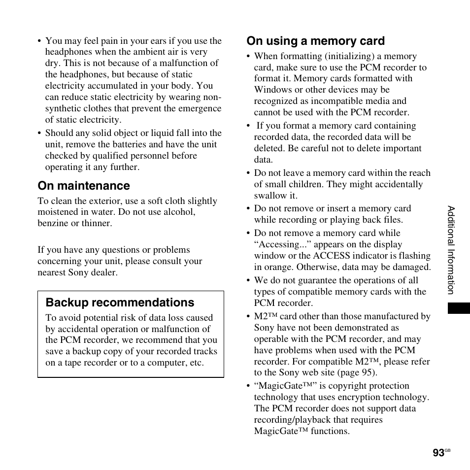 On maintenance, Backup recommendations | Sony 4-156-541-83(1) User Manual | Page 93 / 120