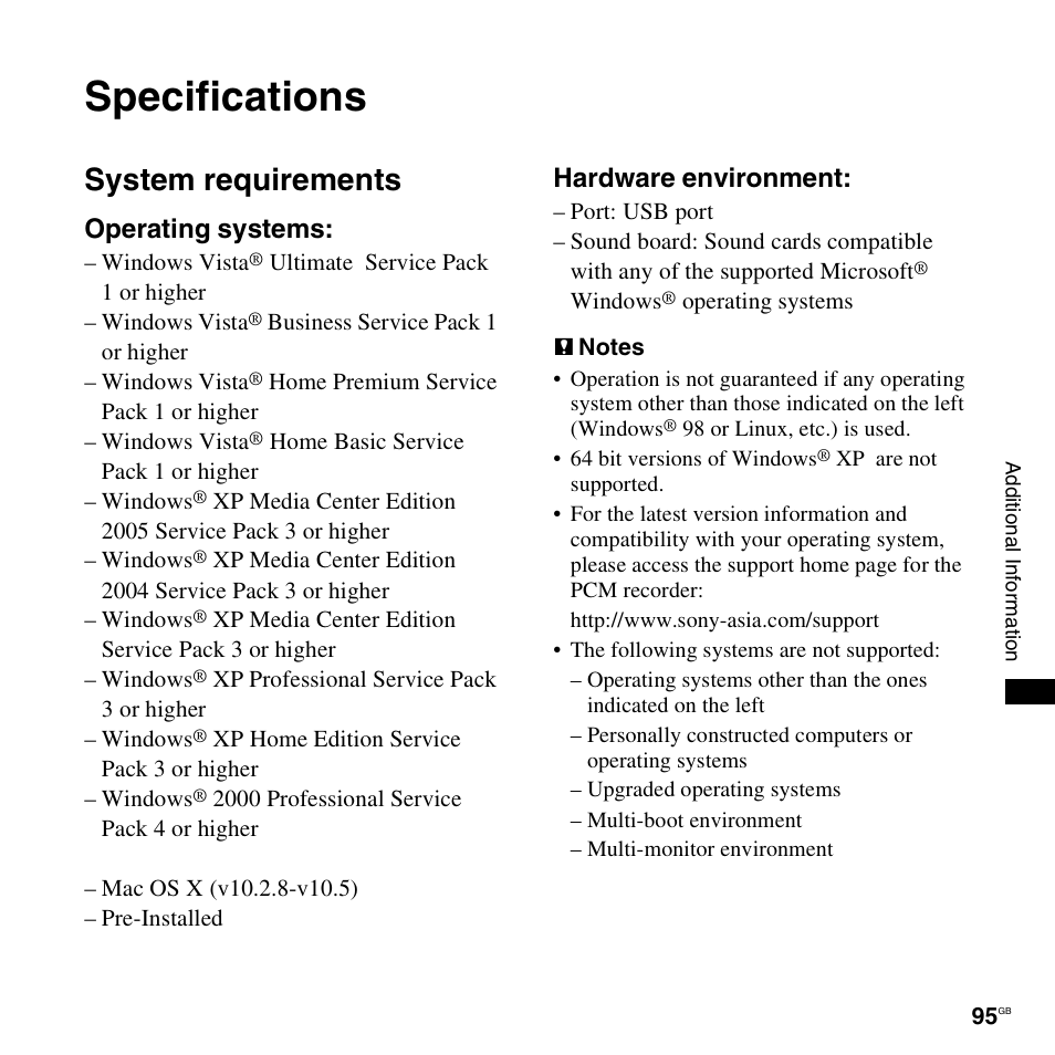 Specifications, System requirements, Operating systems | Hardware environment | Sony 4-156-541-83(1) User Manual | Page 95 / 120