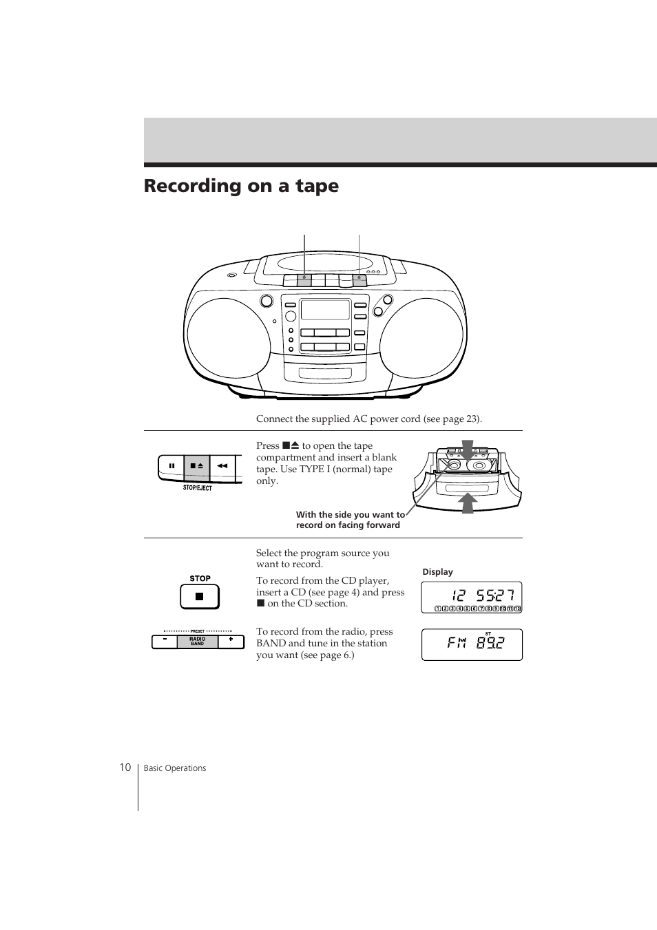 Recording on a tape | Sony CFD-370 User Manual | Page 10 / 32