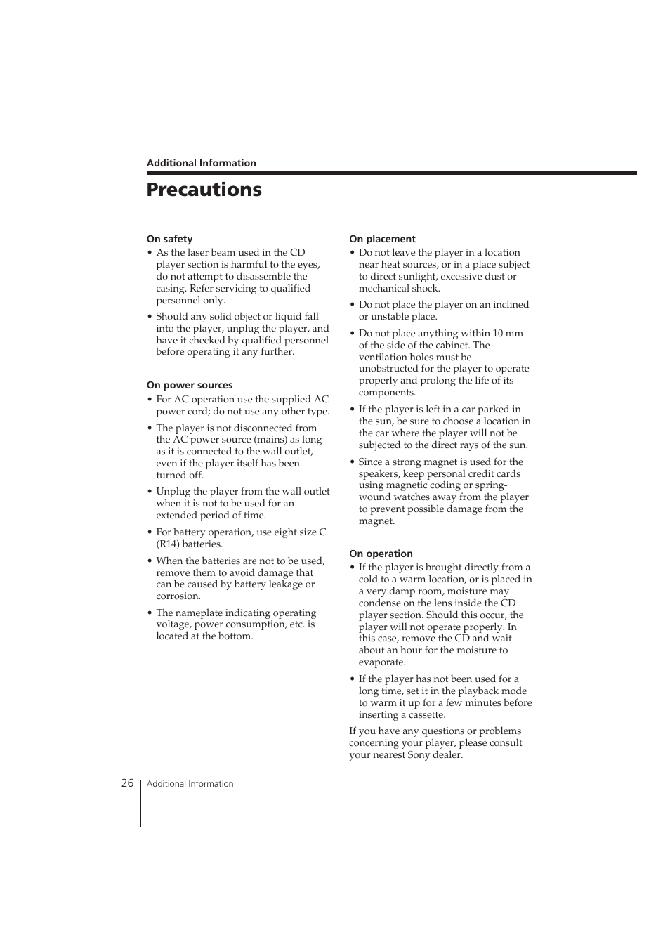 Precautions | Sony CFD-370 User Manual | Page 26 / 32