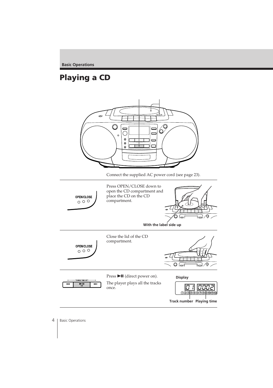 Playing a cd | Sony CFD-370 User Manual | Page 4 / 32