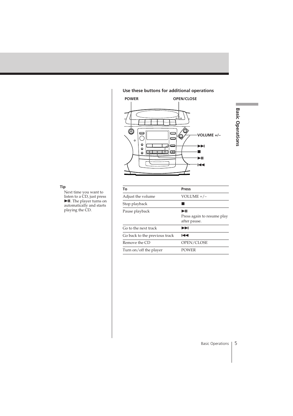 Basic operations 5 | Sony CFD-370 User Manual | Page 5 / 32