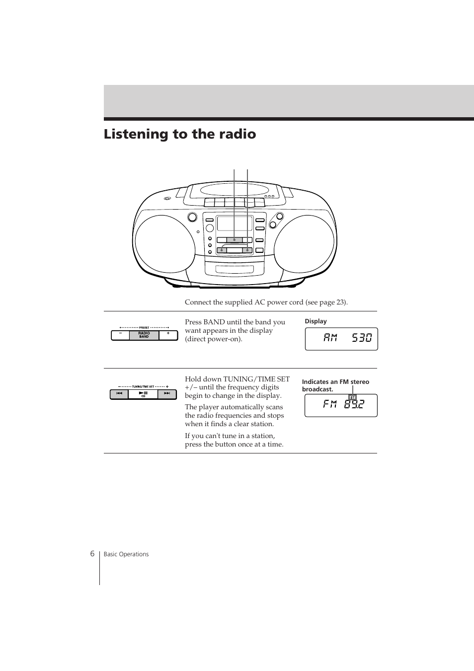 Listening to the radio | Sony CFD-370 User Manual | Page 6 / 32