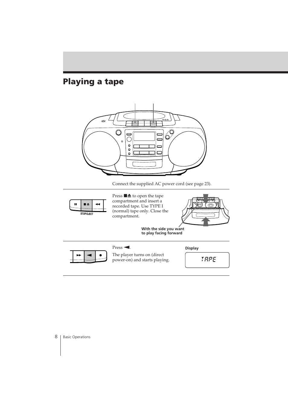 Playing a tape | Sony CFD-370 User Manual | Page 8 / 32