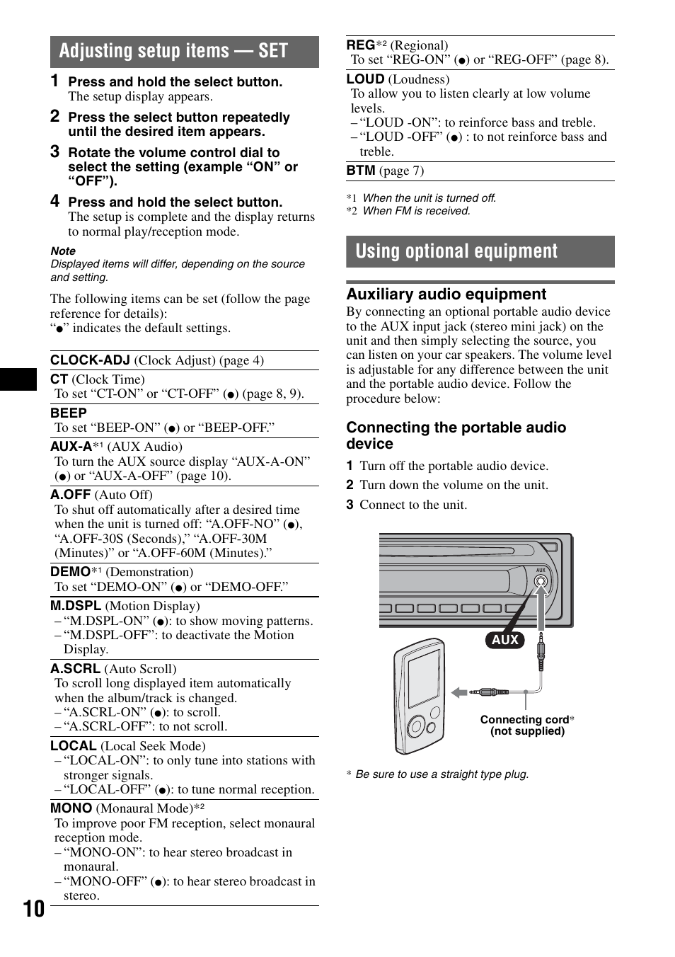 Adjusting setup items - set, Using optional equipment, Auxiliary audio equipment | Adjusting setup items — set | Sony CDX-GT23 User Manual | Page 10 / 84