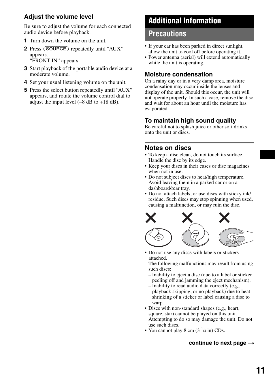 Additional information, Precautions, Notes on discs | Additional information precautions | Sony CDX-GT23 User Manual | Page 11 / 84