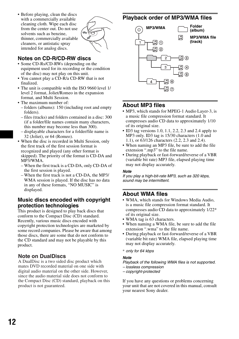Playback order of mp3/wma files, About mp3 files, About wma files | Playback order of mp3/wma files about mp3 files | Sony CDX-GT23 User Manual | Page 12 / 84