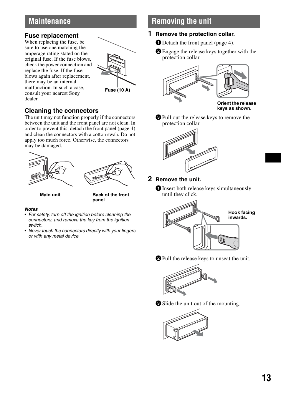 Maintenance, Removing the unit, Maintenance removing the unit | Sony CDX-GT23 User Manual | Page 13 / 84