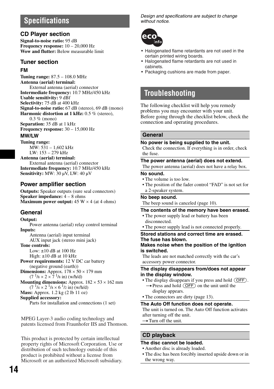 Specifications, Troubleshooting, Specifications troubleshooting | General | Sony CDX-GT23 User Manual | Page 14 / 84