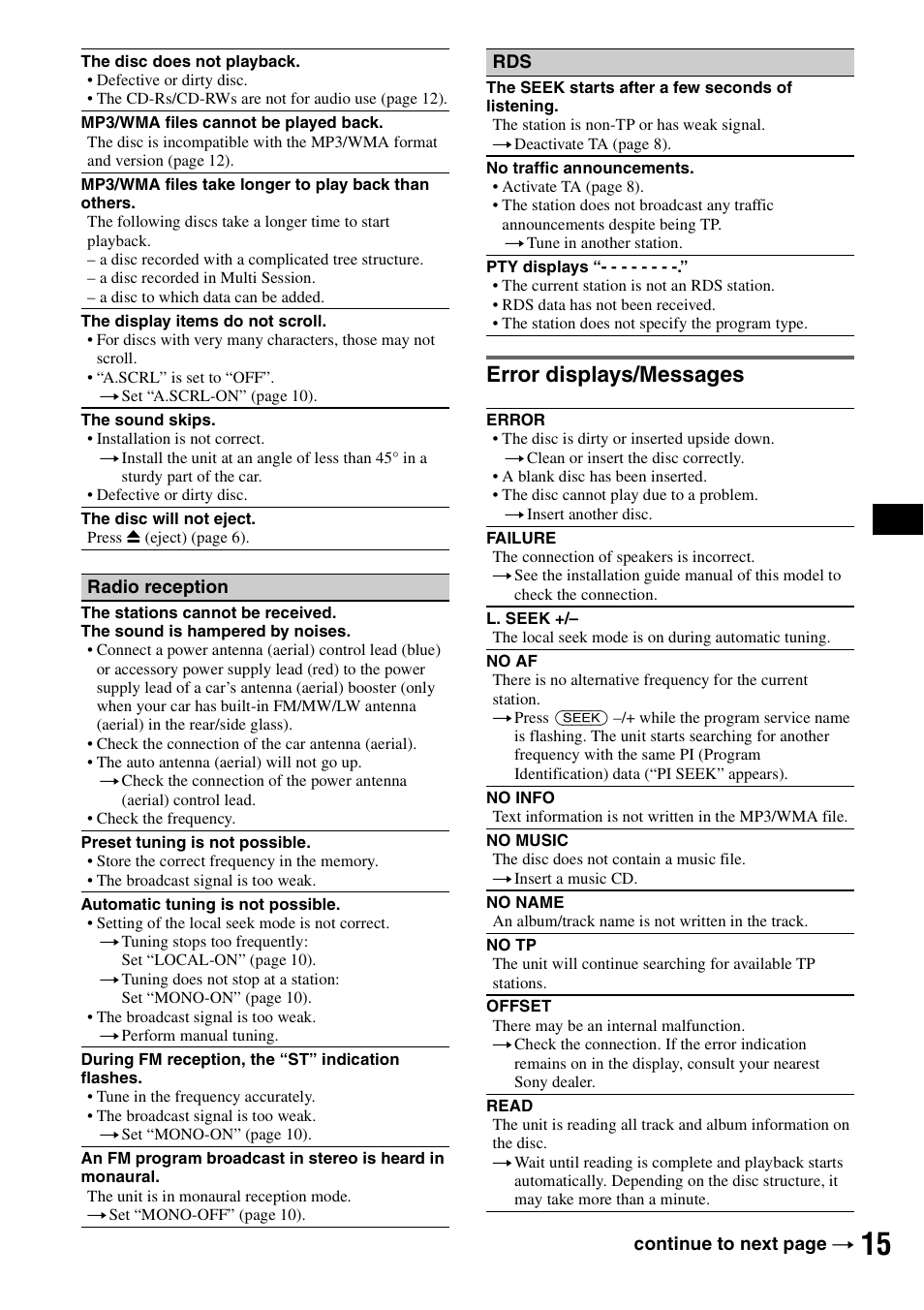 Error displays/messages | Sony CDX-GT23 User Manual | Page 15 / 84