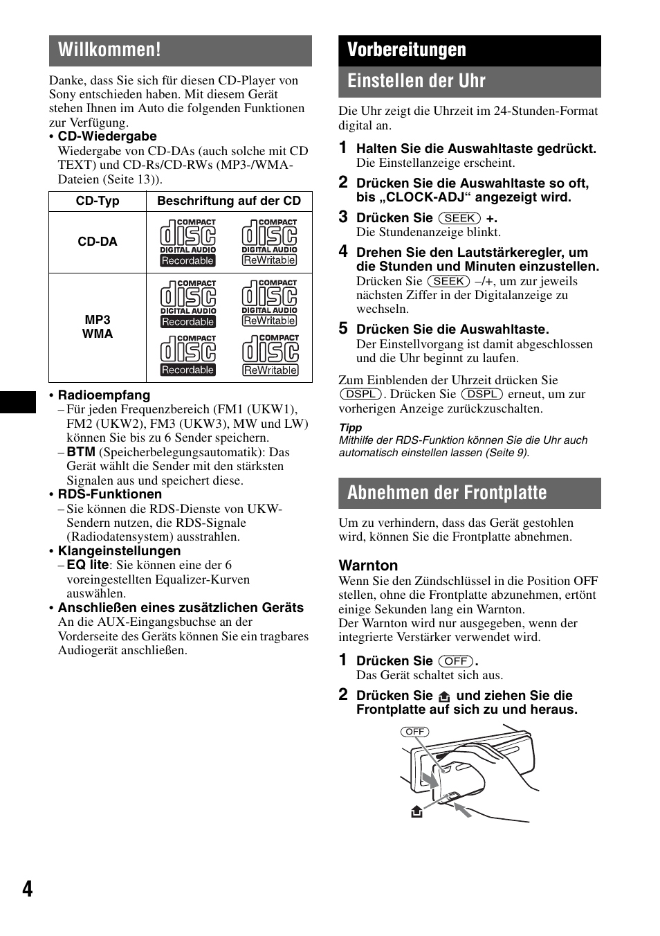 Willkommen, Vorbereitungen, Einstellen der uhr | Abnehmen der frontplatte, Einstellen der uhr abnehmen der frontplatte, Vorbereitungen einstellen der uhr | Sony CDX-GT23 User Manual | Page 20 / 84