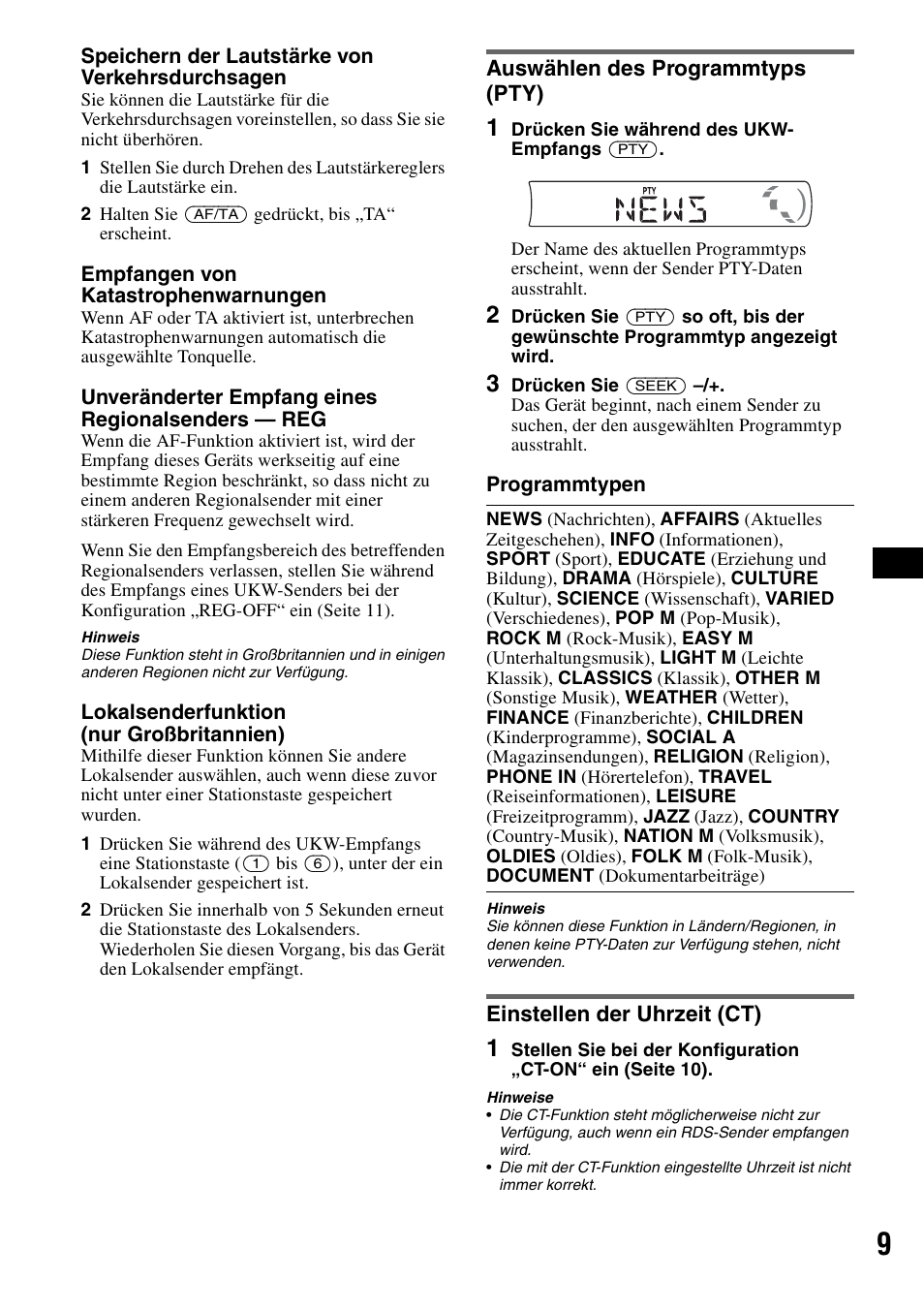 Auswählen des programmtyps (pty), Einstellen der uhrzeit (ct) | Sony CDX-GT23 User Manual | Page 25 / 84