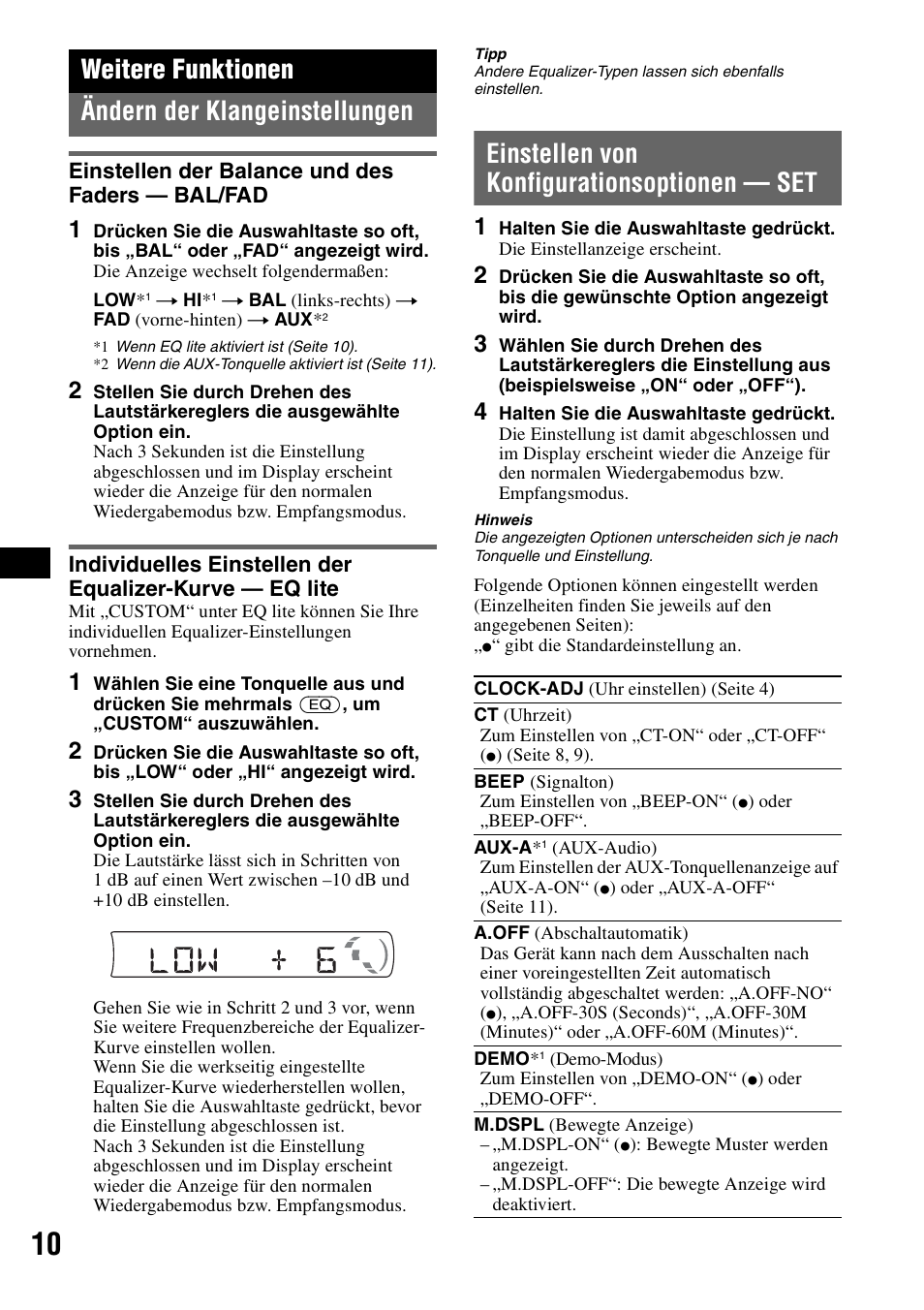 Weitere funktionen, Ändern der klangeinstellungen, Einstellen der balance und des faders - bal/fad | Einstellen von konfigurationsoptionen - set, F seite 10, Einstellen der balance und des faders, Einstellen von konfigurationsoptionen, Weitere funktionen ändern der klangeinstellungen, Einstellen von konfigurationsoptionen — set | Sony CDX-GT23 User Manual | Page 26 / 84