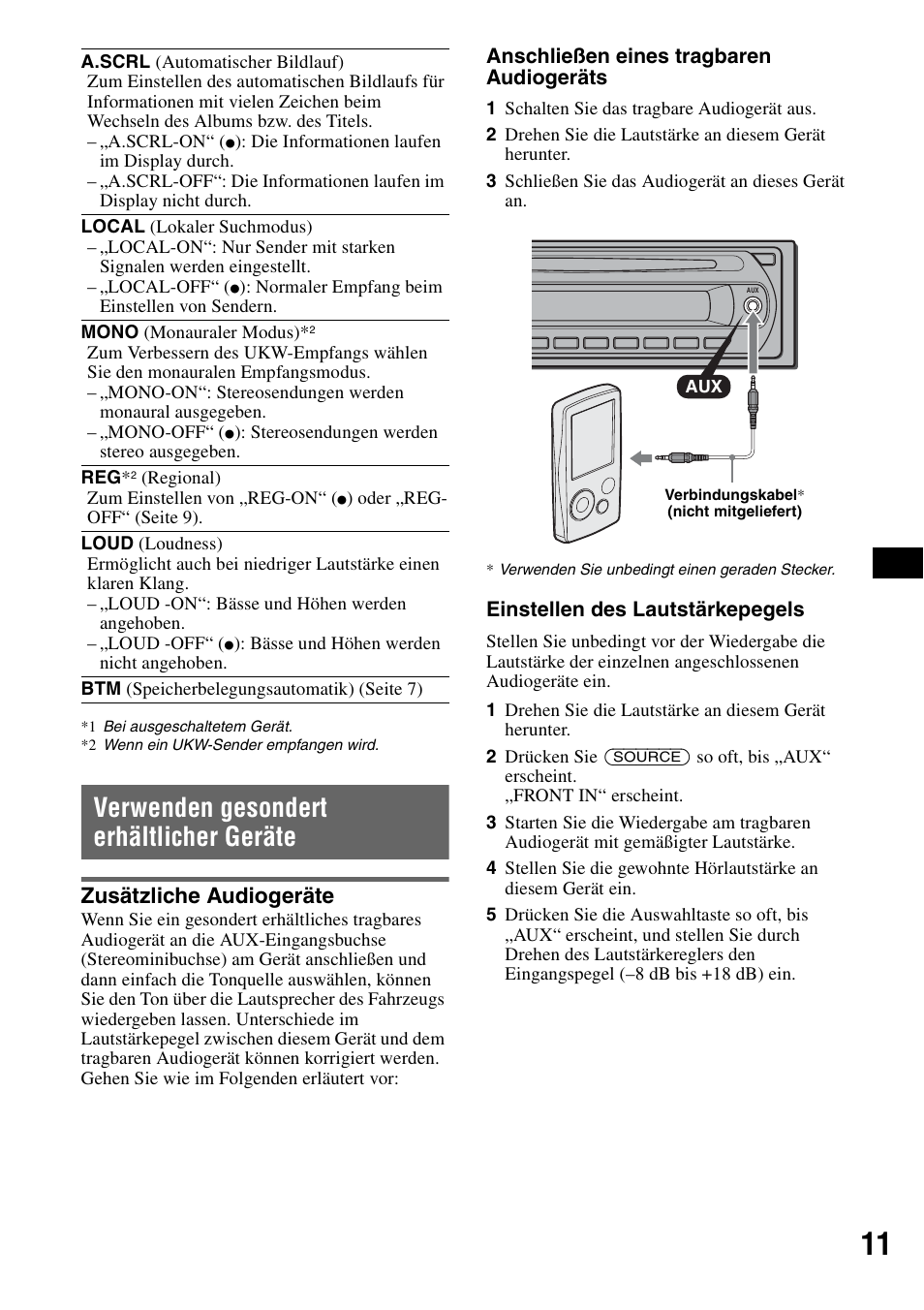 Verwenden gesondert erhältlicher geräte, Zusätzliche audiogeräte, T (seite 11) | Seite 11) | Sony CDX-GT23 User Manual | Page 27 / 84