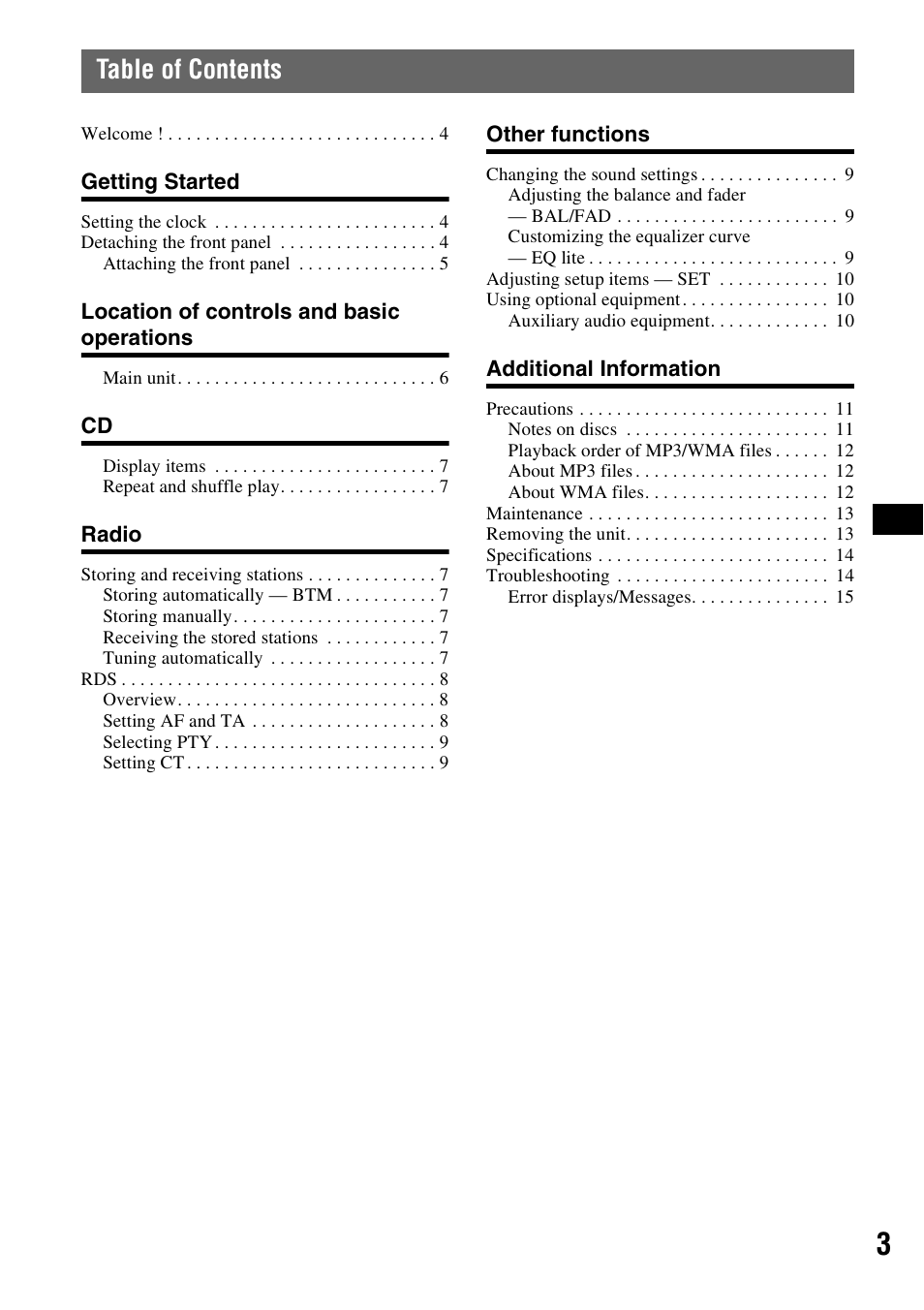 Sony CDX-GT23 User Manual | Page 3 / 84