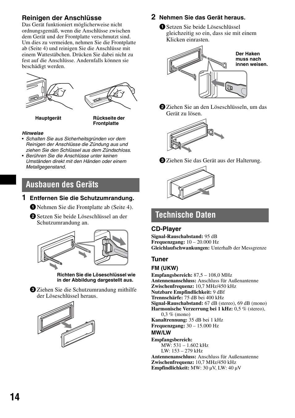 Ausbauen des geräts, Technische daten, Ausbauen des geräts technische daten | Sony CDX-GT23 User Manual | Page 30 / 84