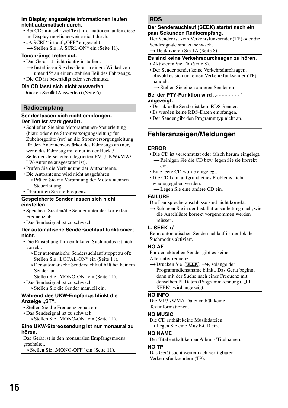 Fehleranzeigen/meldungen | Sony CDX-GT23 User Manual | Page 32 / 84