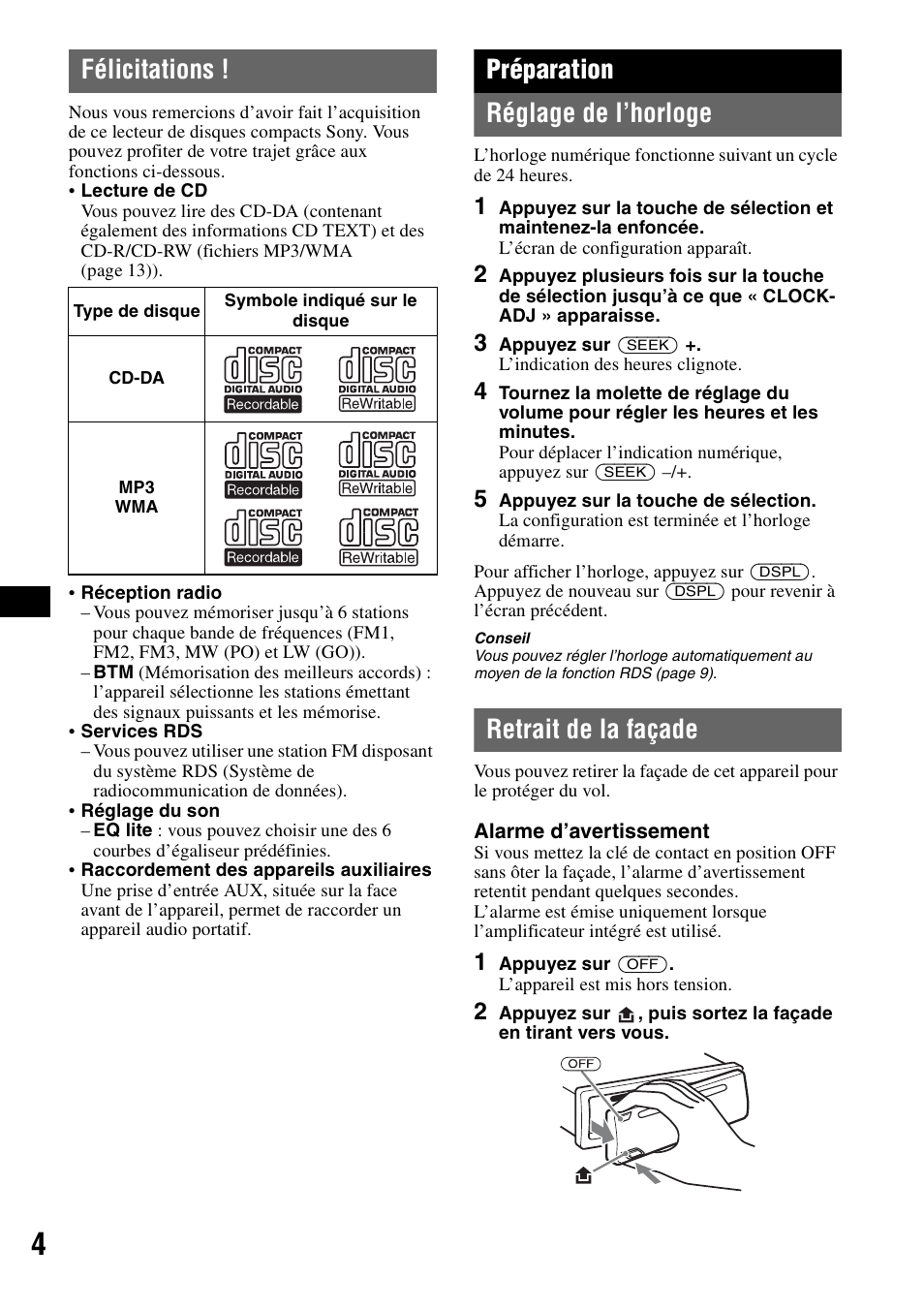 Félicitations, Préparation, Réglage de l’horloge | Retrait de la façade, Réglage de l’horloge retrait de la façade, Préparation réglage de l’horloge | Sony CDX-GT23 User Manual | Page 36 / 84