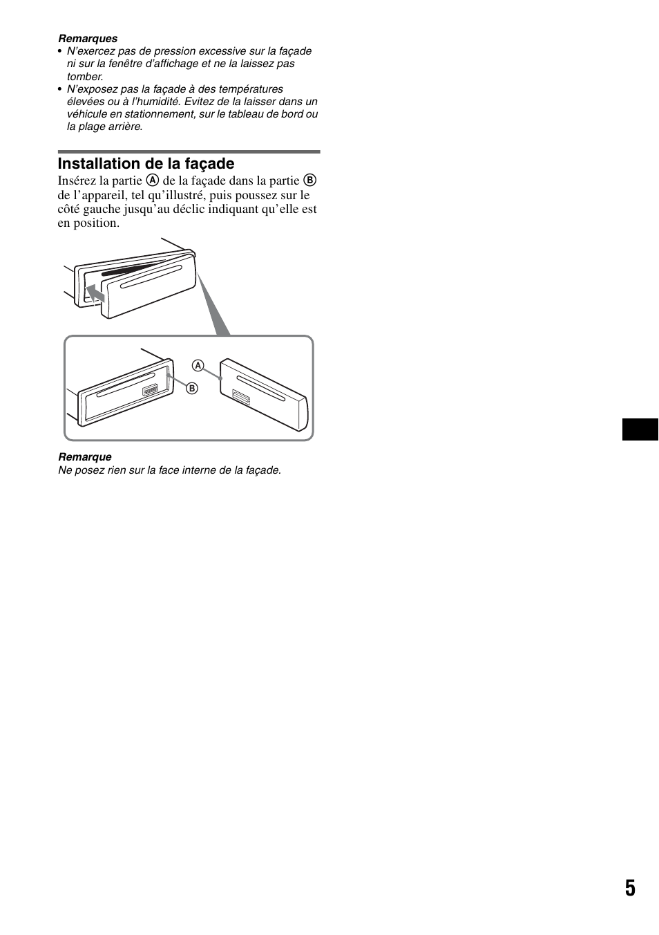 Installation de la façade | Sony CDX-GT23 User Manual | Page 37 / 84
