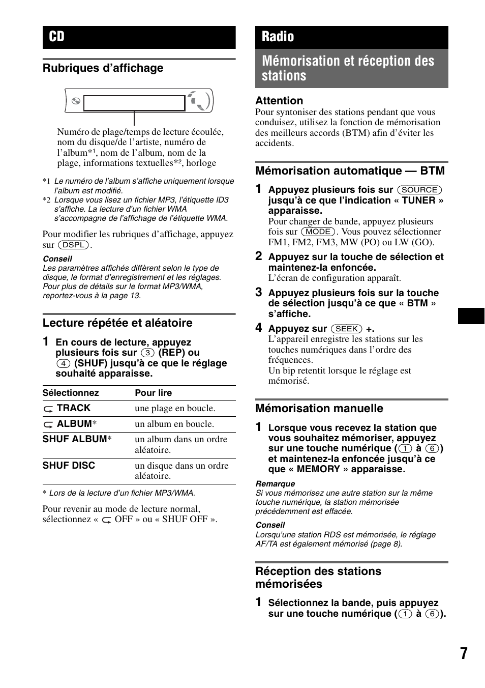 Rubriques d’affichage, Lecture répétée et aléatoire, Radio | Mémorisation et réception des stations, Mémorisation automatique - btm, Mémorisation manuelle, Réception des stations mémorisées, Rubriques d’affichage lecture répétée et aléatoire, Huf 7, Radio mémorisation et réception des stations | Sony CDX-GT23 User Manual | Page 39 / 84