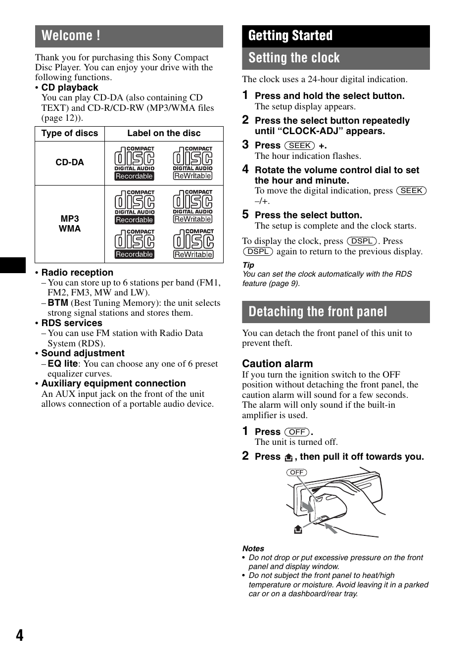 Welcome, Getting started, Setting the clock | Detaching the front panel, Setting the clock detaching the front panel, Getting started setting the clock | Sony CDX-GT23 User Manual | Page 4 / 84