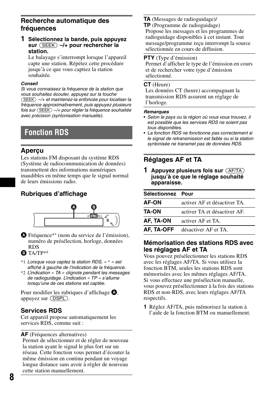 Recherche automatique des fréquences, Fonction rds, Aperçu | Réglages af et ta, Aperçu réglages af et ta | Sony CDX-GT23 User Manual | Page 40 / 84