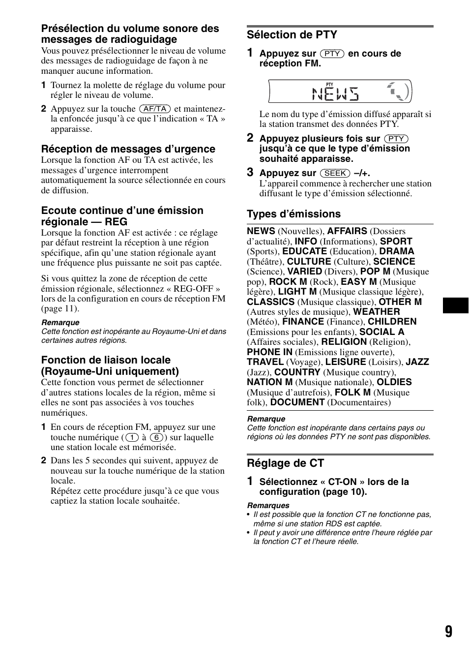 Sélection de pty, Réglage de ct, Sélection de pty réglage de ct | Sony CDX-GT23 User Manual | Page 41 / 84