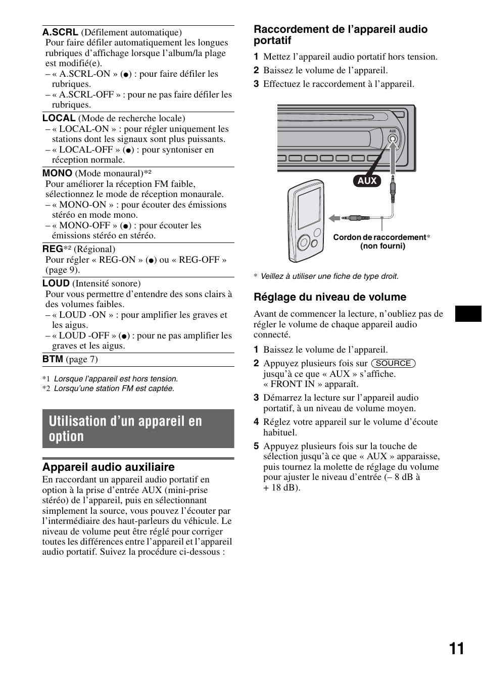 Utilisation d’un appareil en option, Appareil audio auxiliaire, X 11 | Sony CDX-GT23 User Manual | Page 43 / 84