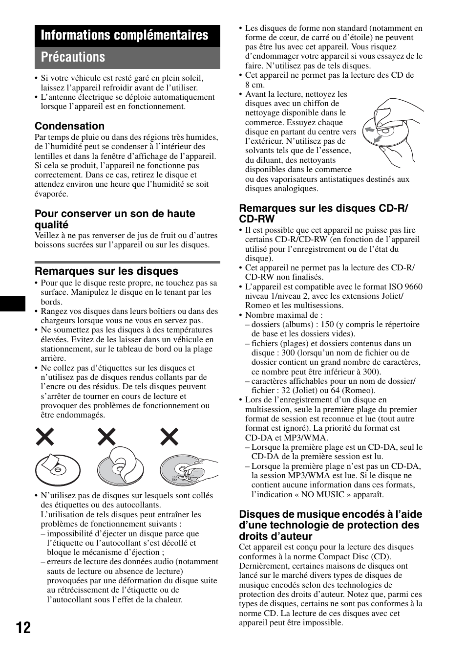 Informations complémentaires, Précautions, Remarques sur les disques | Informations complémentaires précautions | Sony CDX-GT23 User Manual | Page 44 / 84
