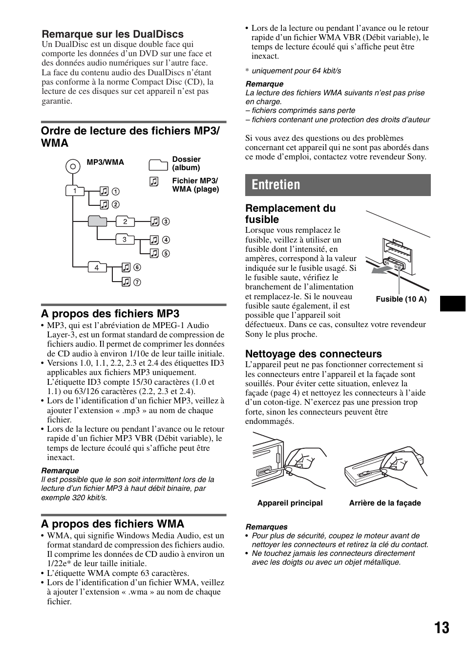 Ordre de lecture des fichiers mp3/ wma, A propos des fichiers mp3, A propos des fichiers wma | Entretien, Ordre de lecture des fichiers, Remplacement du fusible, Nettoyage des connecteurs, Remarque sur les dualdiscs | Sony CDX-GT23 User Manual | Page 45 / 84