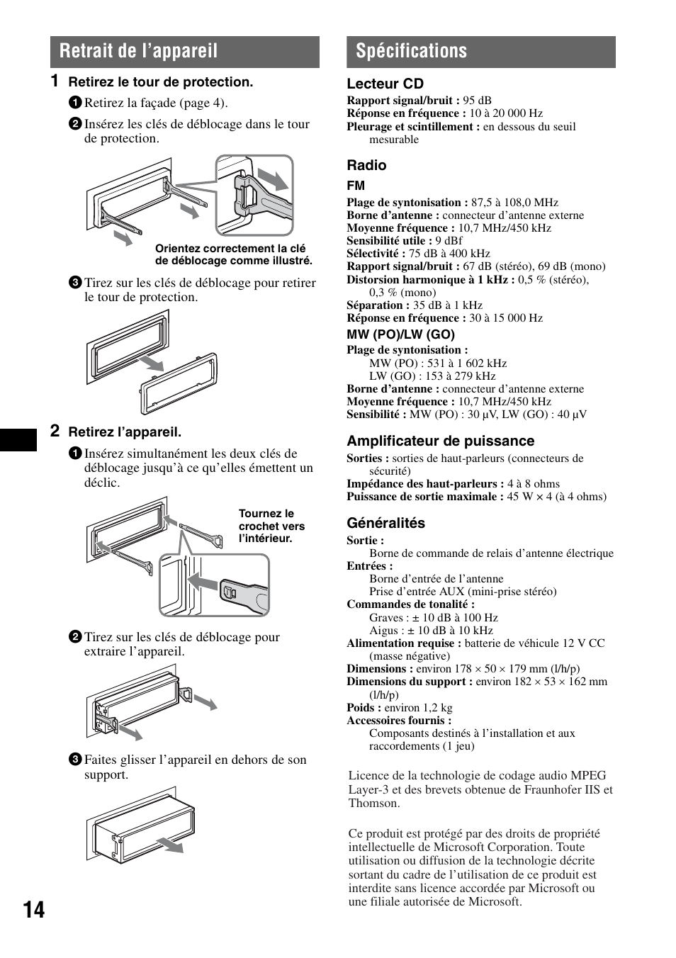 Retrait de l’appareil, Spécifications, Retrait de l’appareil spécifications | Sony CDX-GT23 User Manual | Page 46 / 84