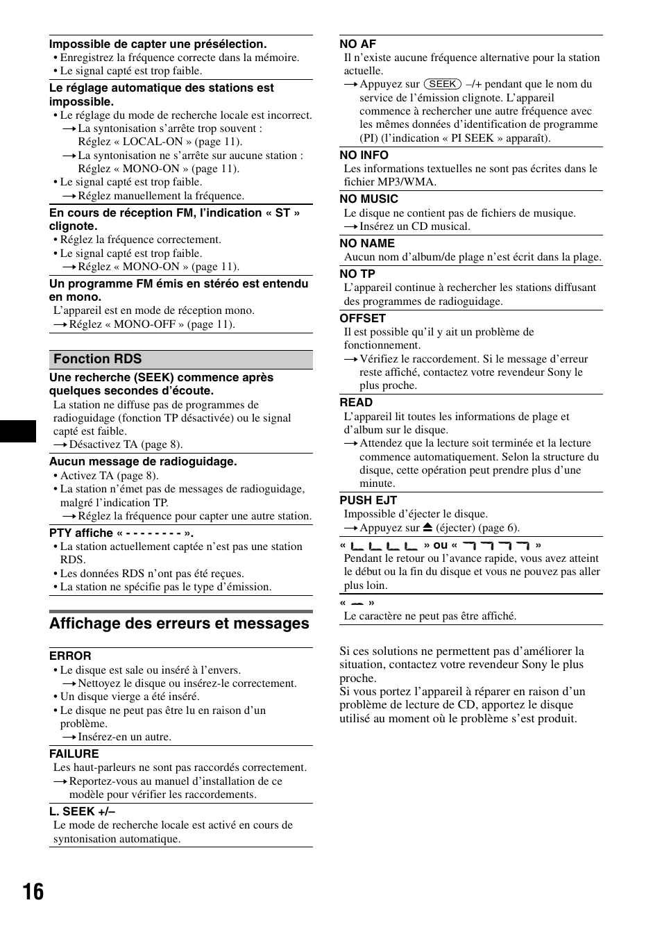 Affichage des erreurs et messages | Sony CDX-GT23 User Manual | Page 48 / 84