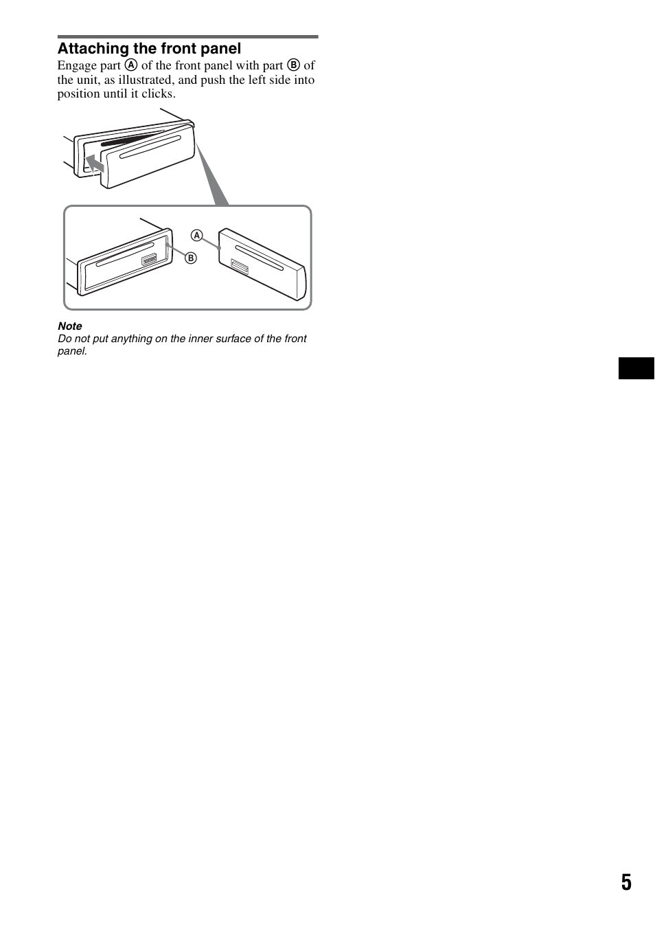 Attaching the front panel | Sony CDX-GT23 User Manual | Page 5 / 84