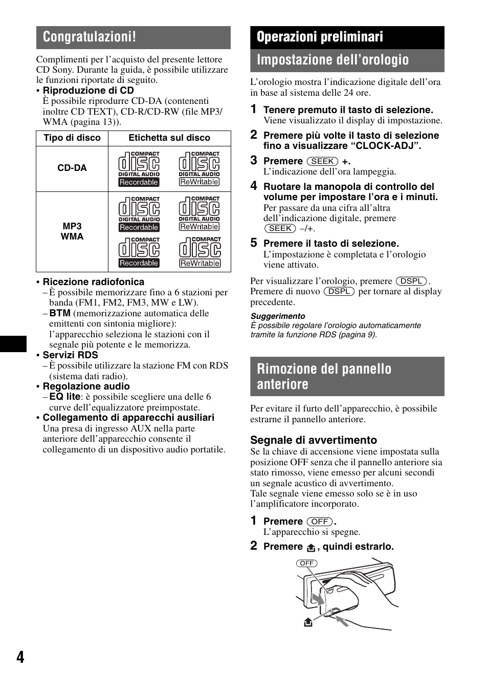 Congratulazioni, Operazioni preliminari, Impostazione dell’orologio | Rimozione del pannello anteriore, Operazioni preliminari impostazione dell’orologio | Sony CDX-GT23 User Manual | Page 52 / 84