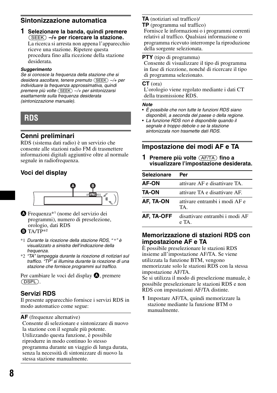 Sintonizzazione automatica, Cenni preliminari, Impostazione dei modi af e ta | Cenni preliminari impostazione dei modi af e ta | Sony CDX-GT23 User Manual | Page 56 / 84