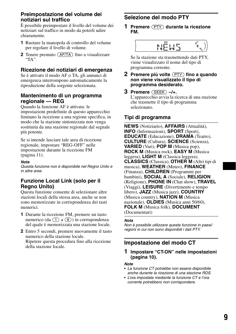 Selezione del modo pty, Impostazione del modo ct, Selezione del modo pty impostazione del modo ct | Sony CDX-GT23 User Manual | Page 57 / 84