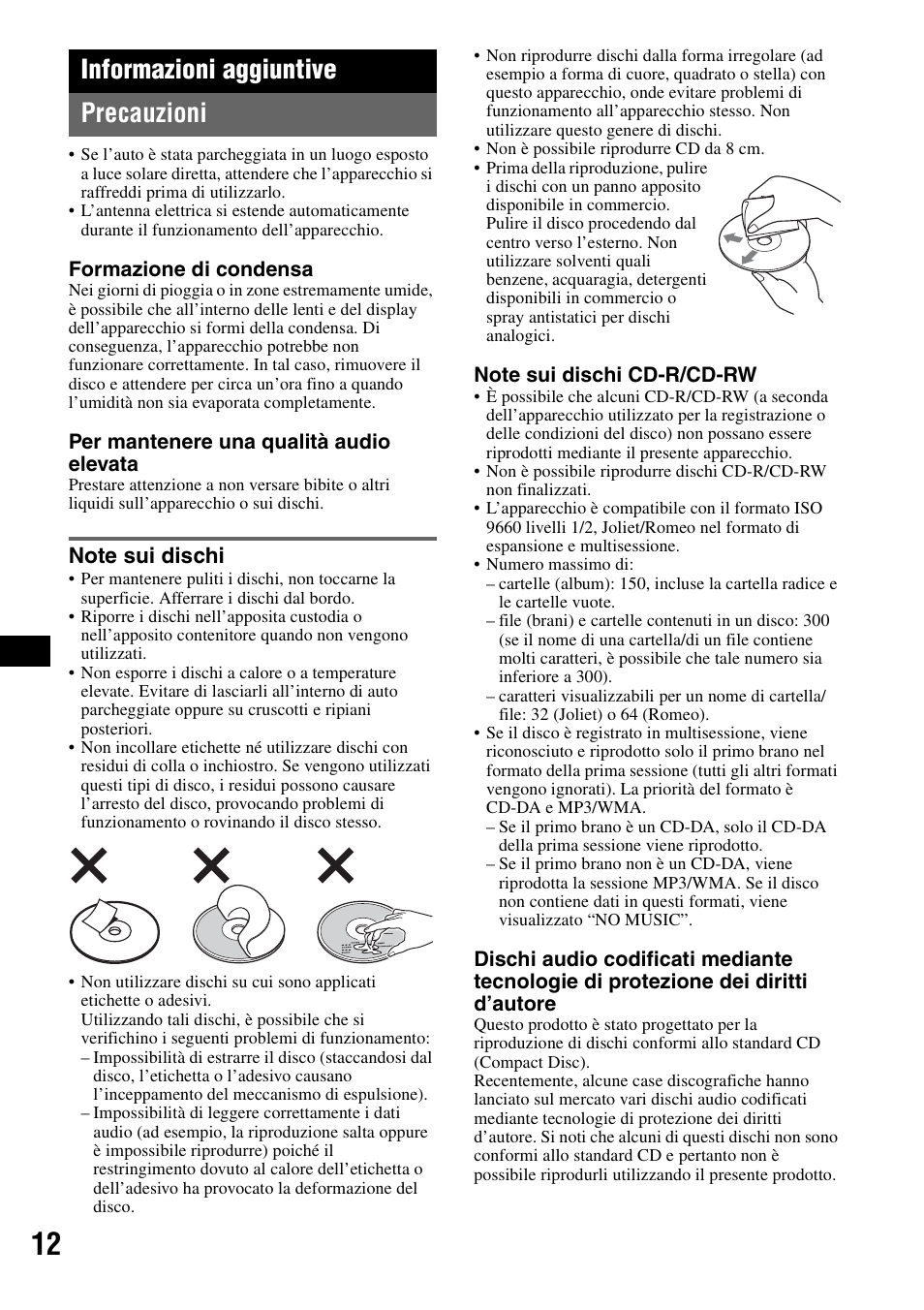 Informazioni aggiuntive, Precauzioni, Note sui dischi | Informazioni aggiuntive precauzioni | Sony CDX-GT23 User Manual | Page 60 / 84
