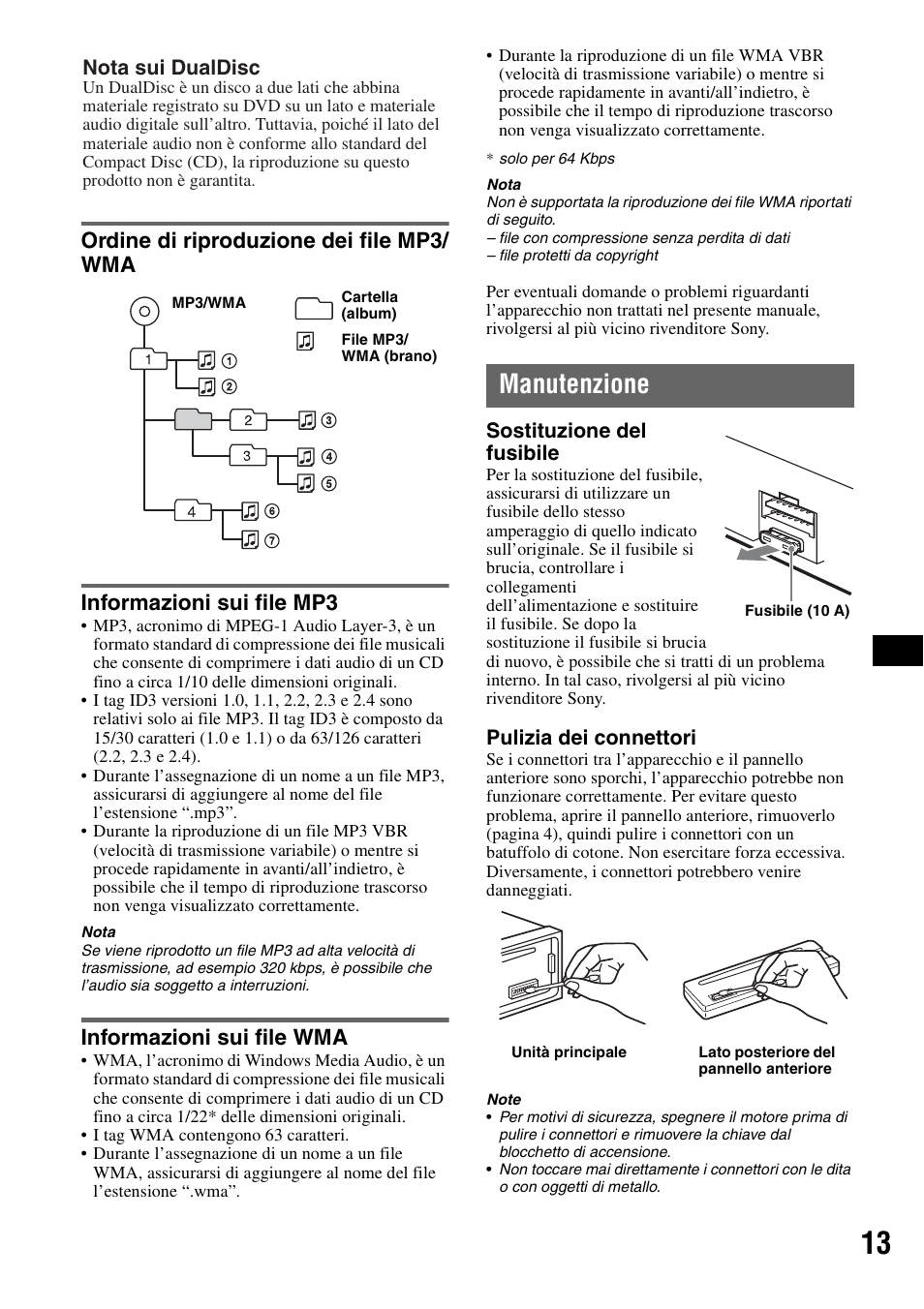 Ordine di riproduzione dei file mp3/ wma, Informazioni sui file mp3, Informazioni sui file wma | Manutenzione, Ordine di riproduzione dei file, Sostituzione del fusibile, Pulizia dei connettori, Nota sui dualdisc | Sony CDX-GT23 User Manual | Page 61 / 84