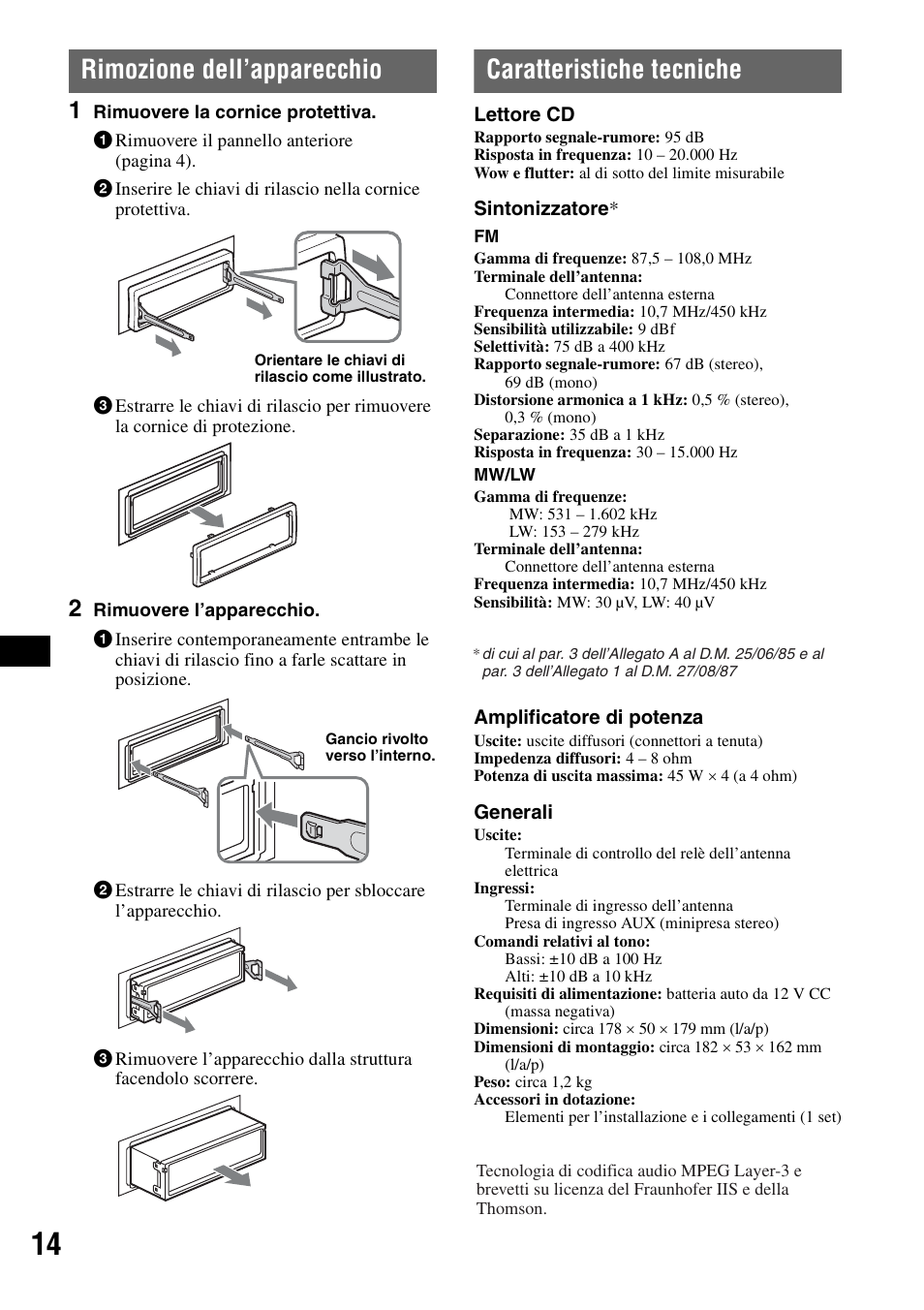 Rimozione dell’apparecchio, Caratteristiche tecniche | Sony CDX-GT23 User Manual | Page 62 / 84