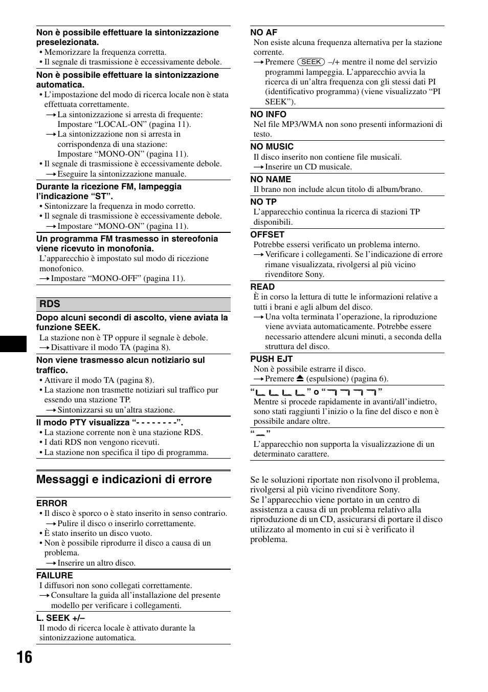 Messaggi e indicazioni di errore | Sony CDX-GT23 User Manual | Page 64 / 84