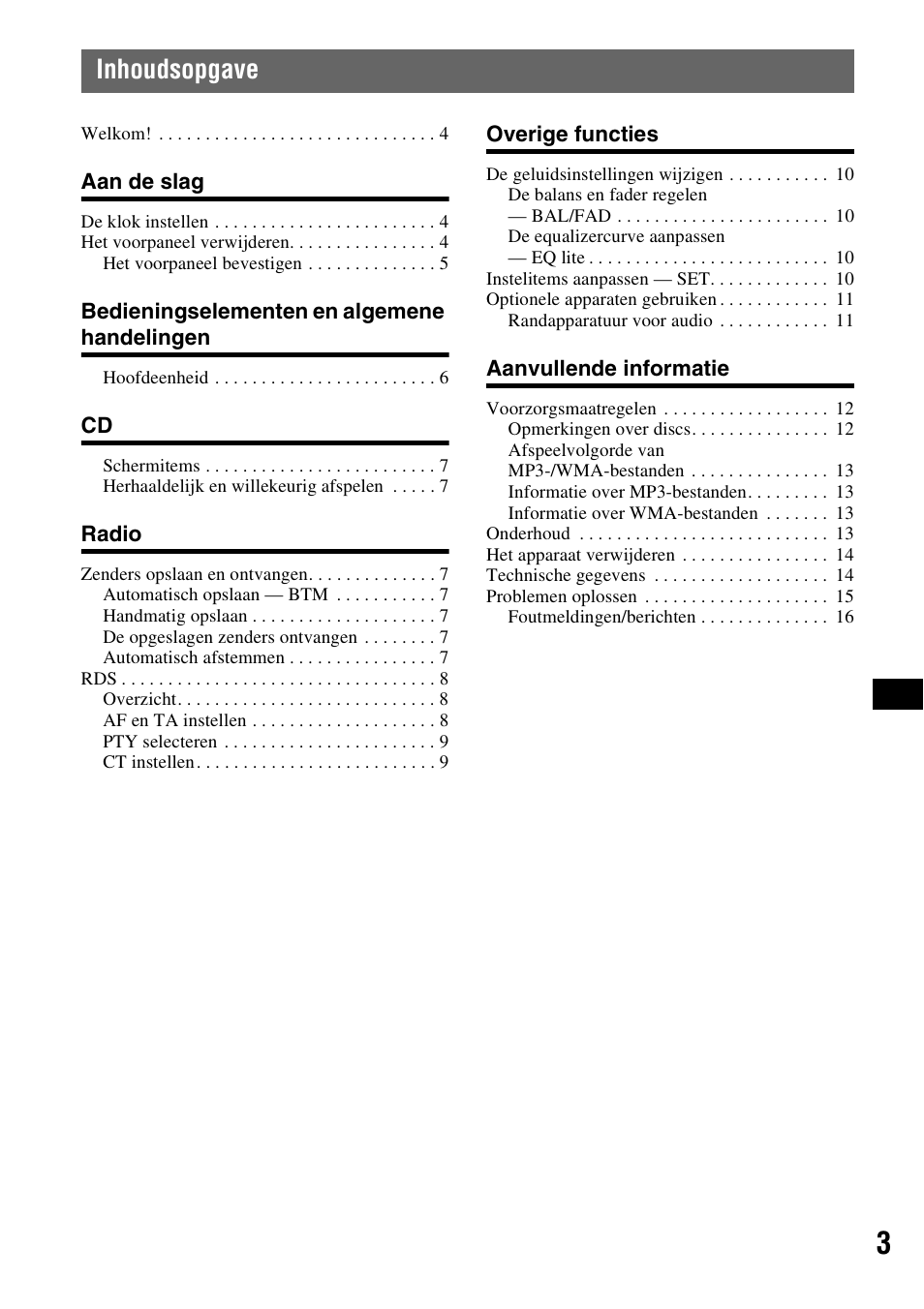 Inhoudsopgave | Sony CDX-GT23 User Manual | Page 67 / 84